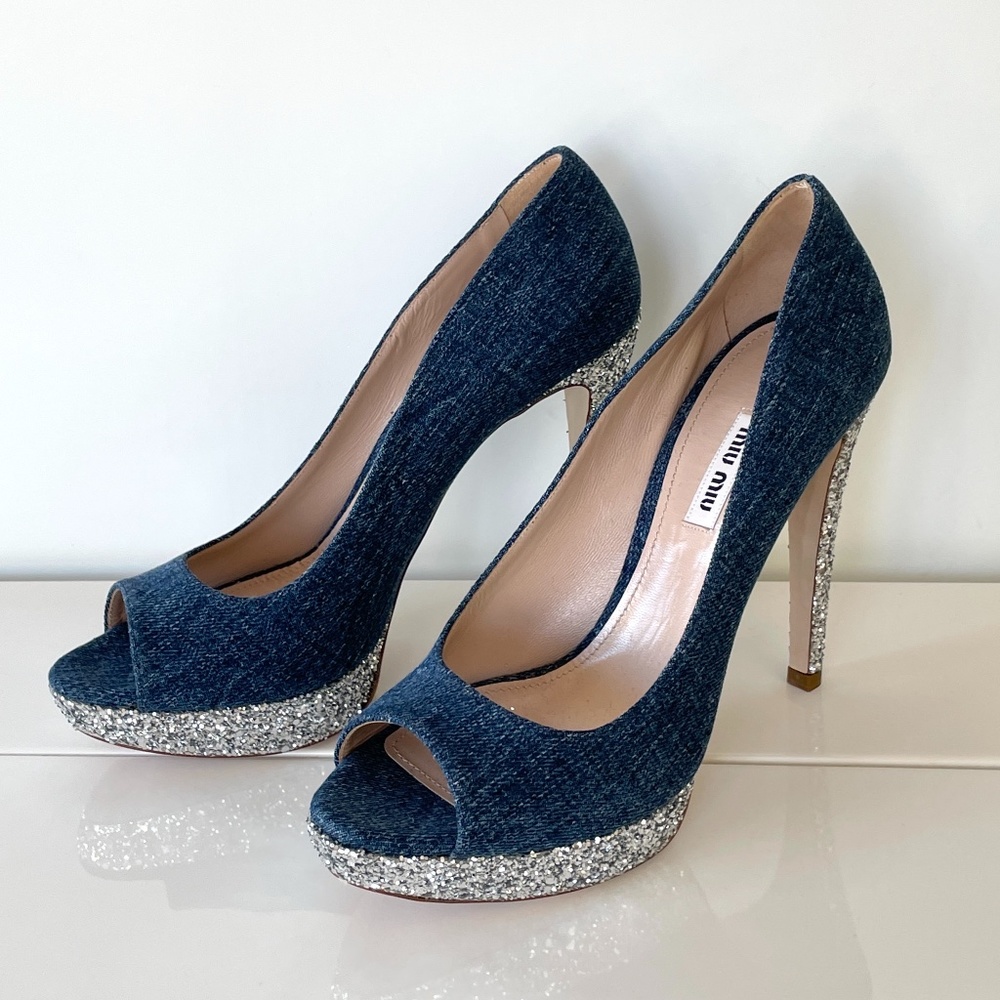 Denim & Silver Glitter Miu Miu Peep-Toe Stilettos